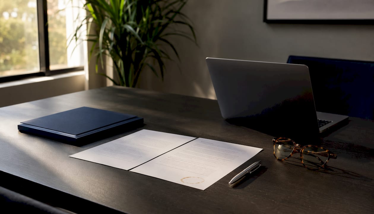 Compliance documents on office desk overhead