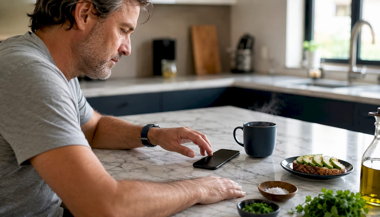 Hands adjusting smartphone in café setting