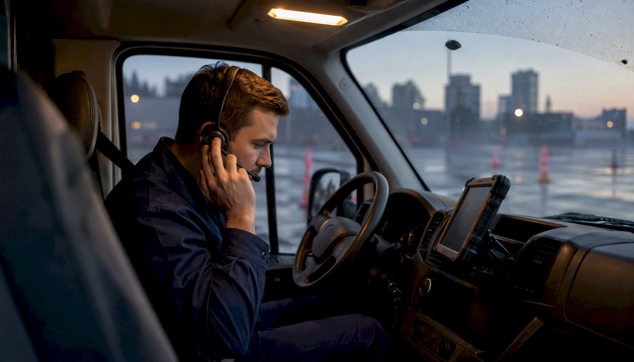 Technician dispatching emergency plumbing calls at night