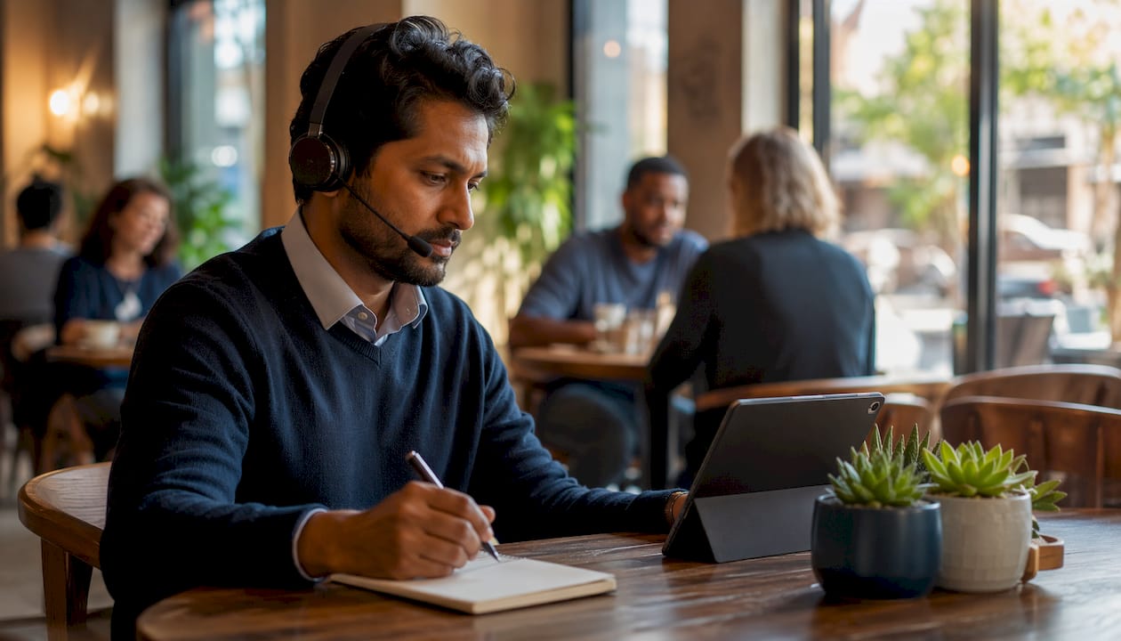 Sales rep using in-call copilot headset support