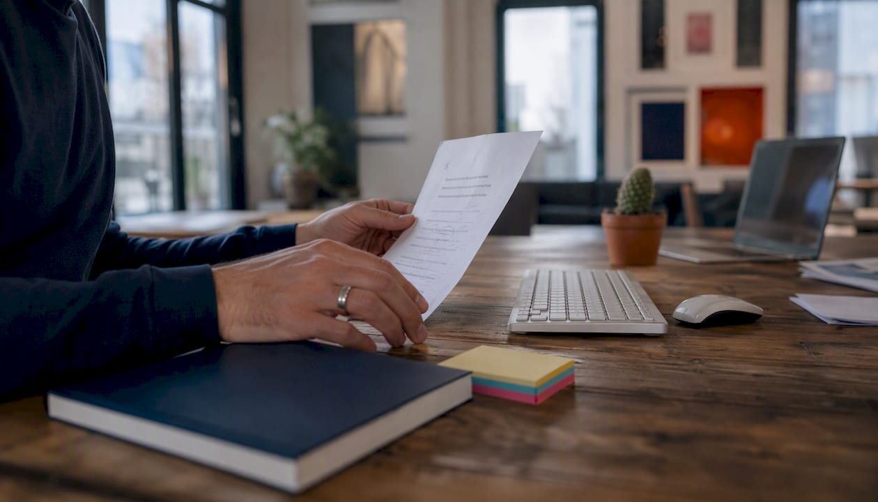 Overhead view of hands typing near script and headset
