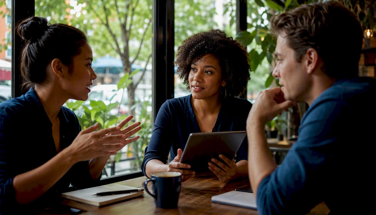 Customer service agents collaborating in call center