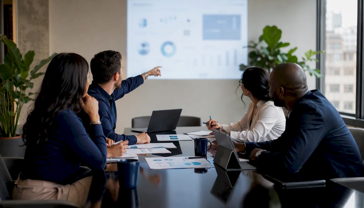 Corporate team meeting around boardroom table