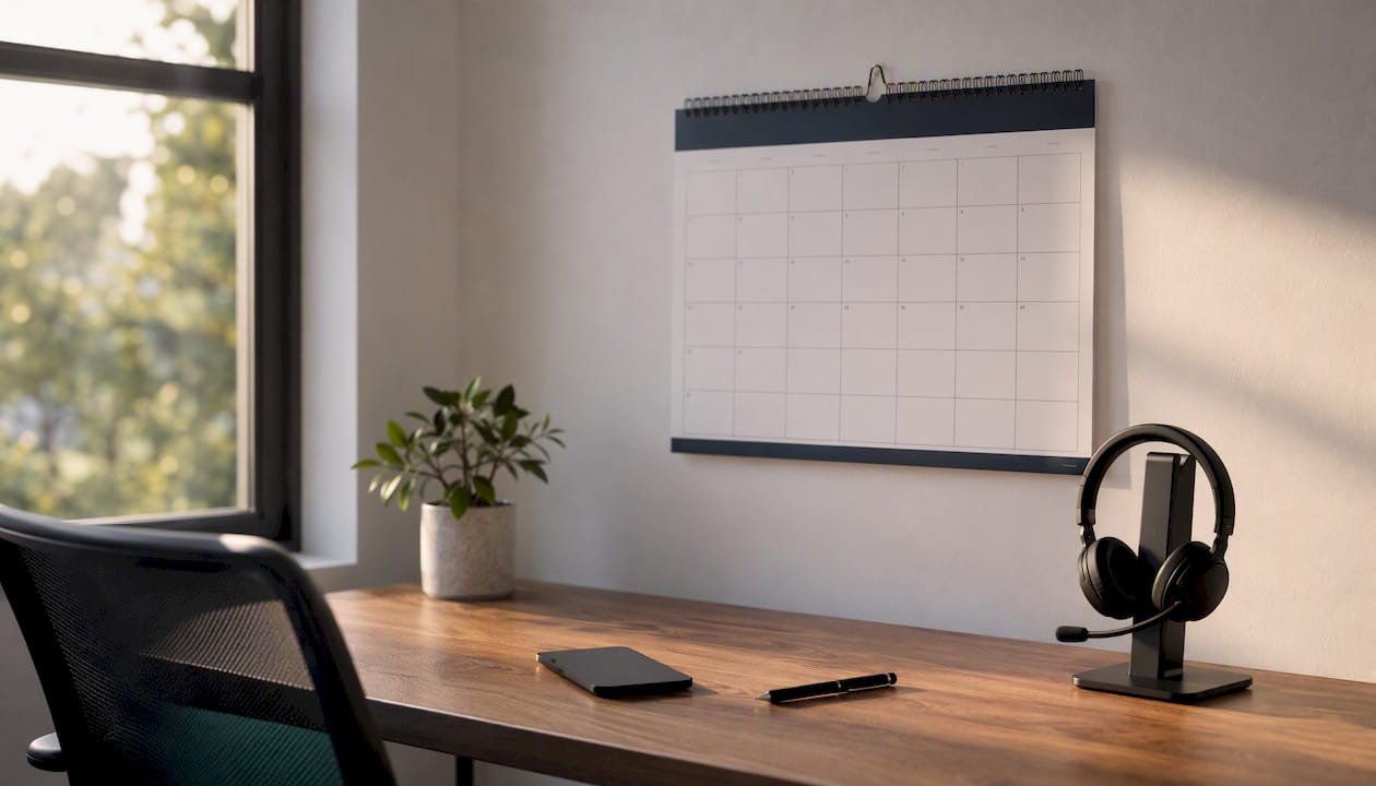 Wireless headset and open calendar on desk
