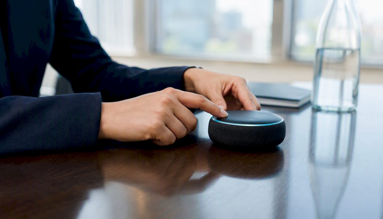 Hands configuring AI voice agent device