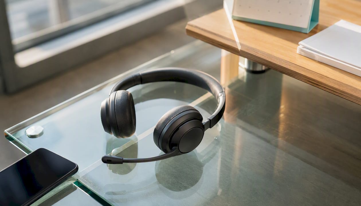 Headset on stand with calendar and smartphone