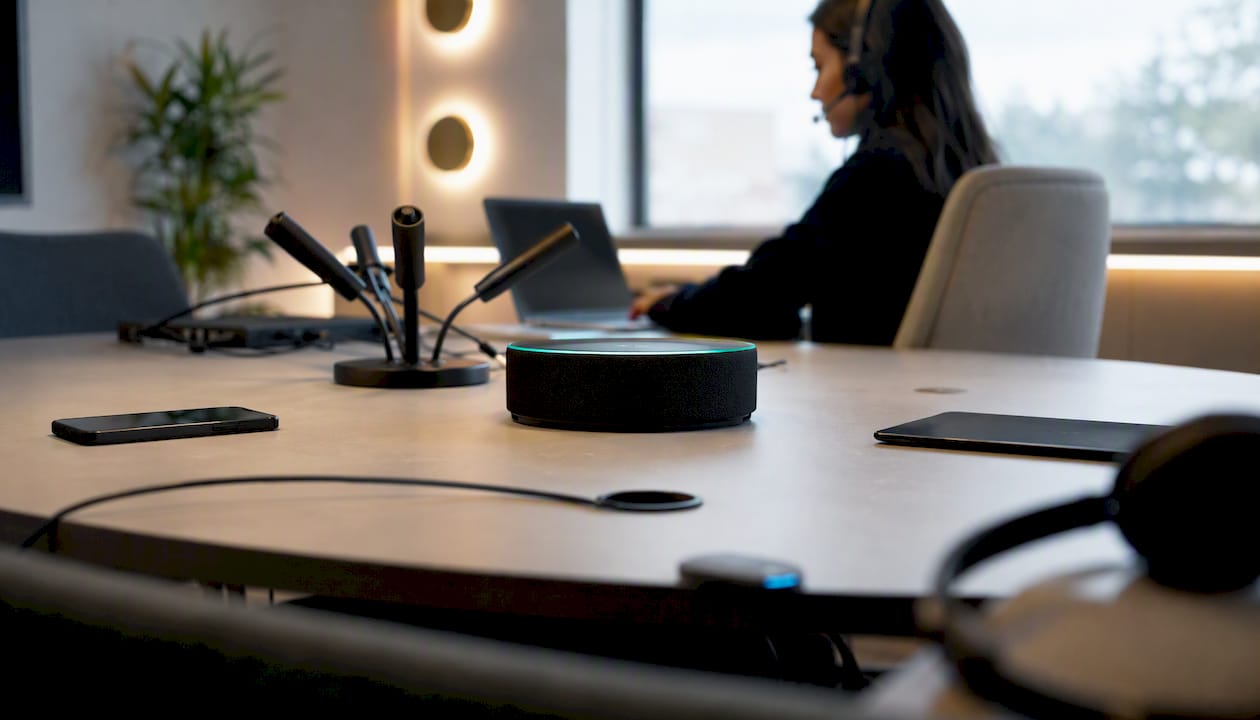 Close-up of AI voice bot device on desk