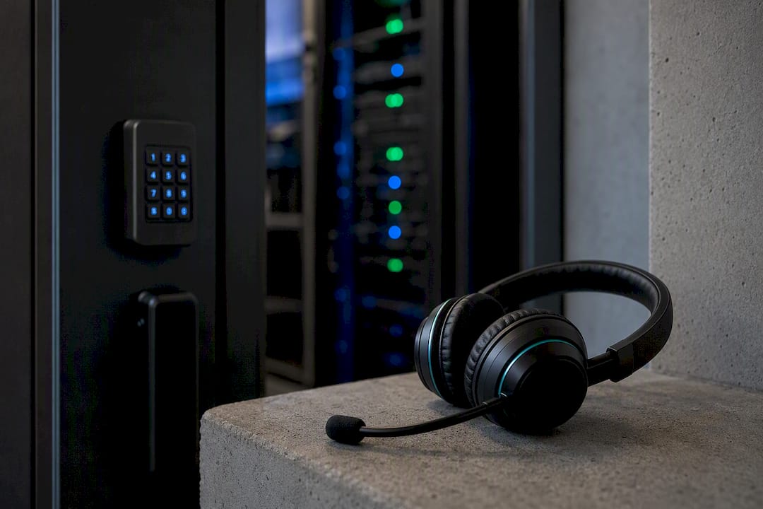 Call center headset and secure server door detail
