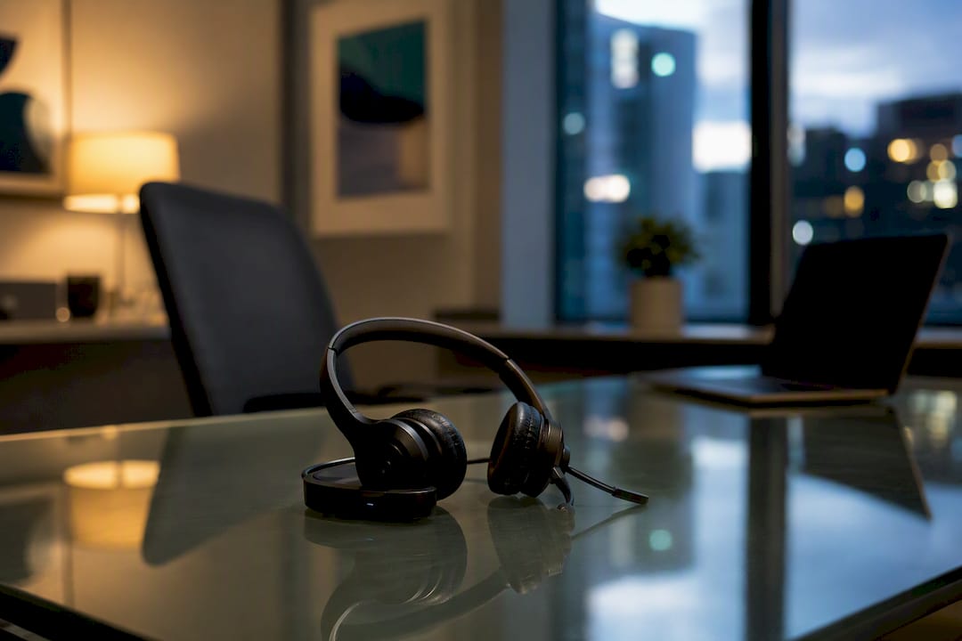 Contact center headset on desk in after-hours setting