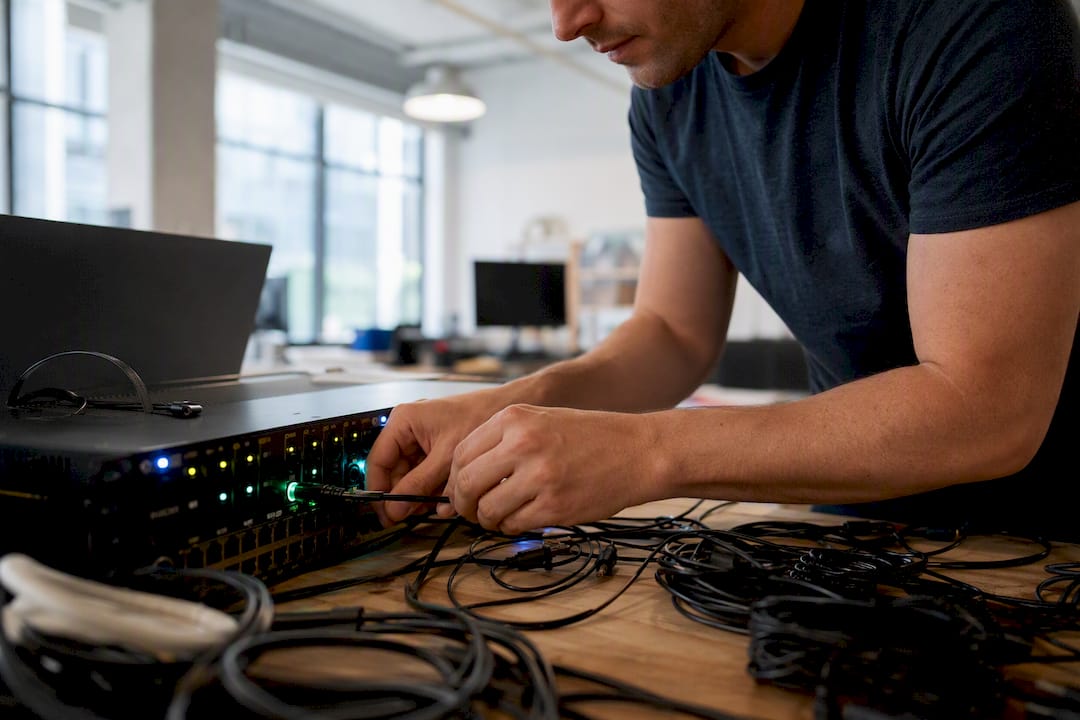 Hands connecting audio cables in contact center