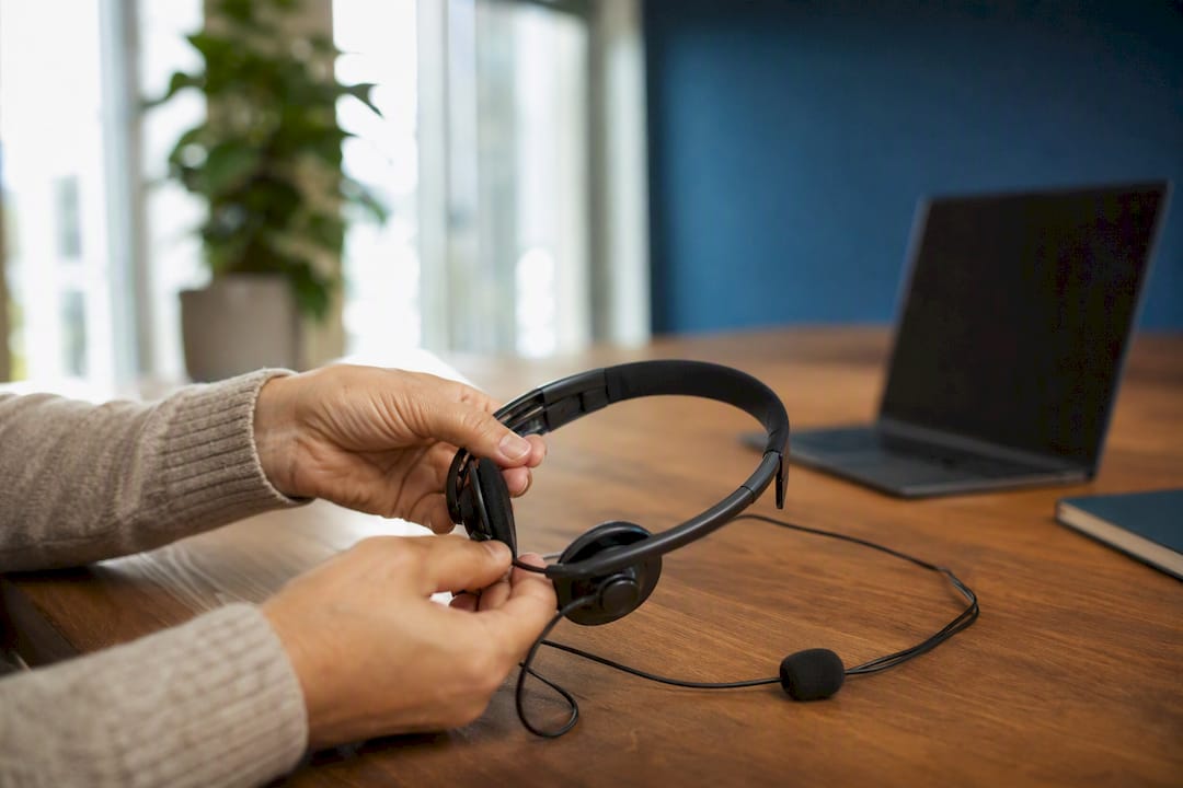 Hands holding headset microphone for training